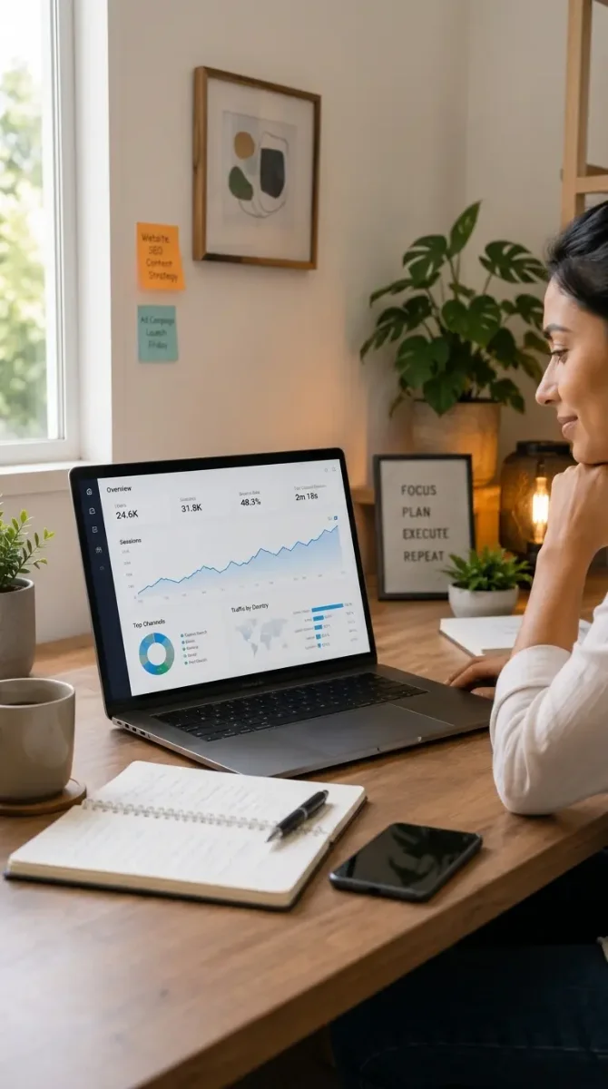 Small business owner reviewing their new website